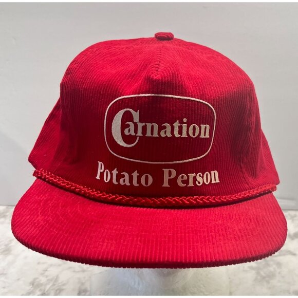 Carnation Corduroy Hat Vintage Potato Person Red Baseball Cap Ama Pro Zip Strap - Picture 11 of 11